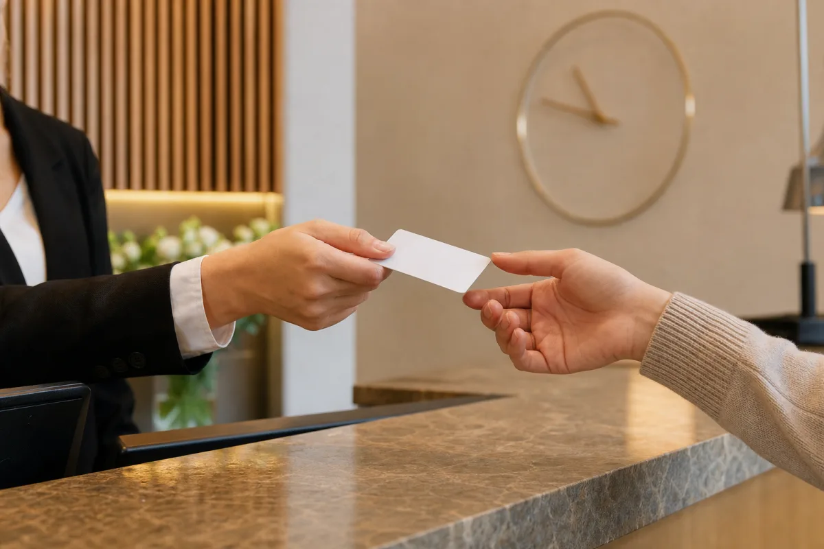 Banco reception di hotel con orologio da parete e addetto che consegna una chiave a un ospite