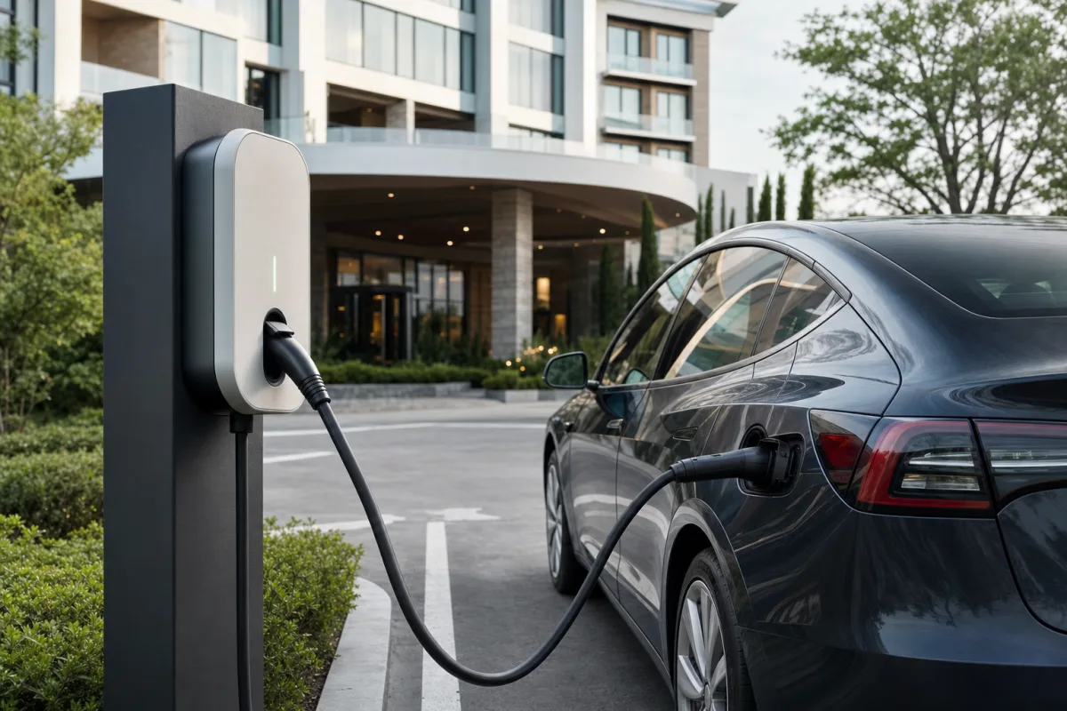 Colonnina di ricarica per auto elettriche nel parcheggio di un hotel moderno