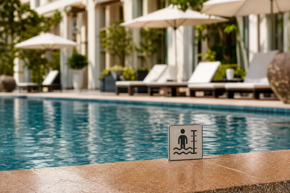 Piscina di hotel con segnaletica di profondità e cartello di sicurezza a bordo vasca